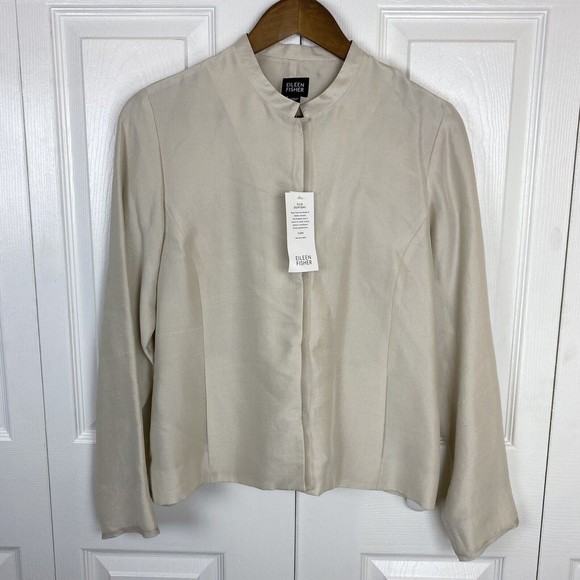 Eileen Fisher Size S 100% Silk Dupioni Jacket Ecru Ivory Beige Hook loop - Picture 1 of 7